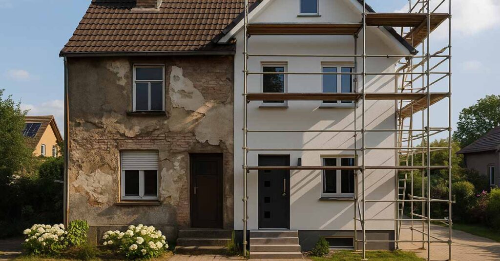 a divided house, half renovated and half unrenovated