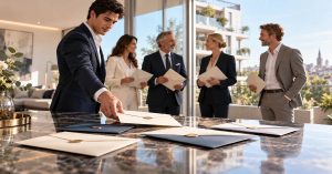 Fünf Leute in einem modernen Immobilienbüro mit verschlossenen Angebotsumschlägen auf einem Tisch – Bieterverfahren beim Immobilienverkauf.